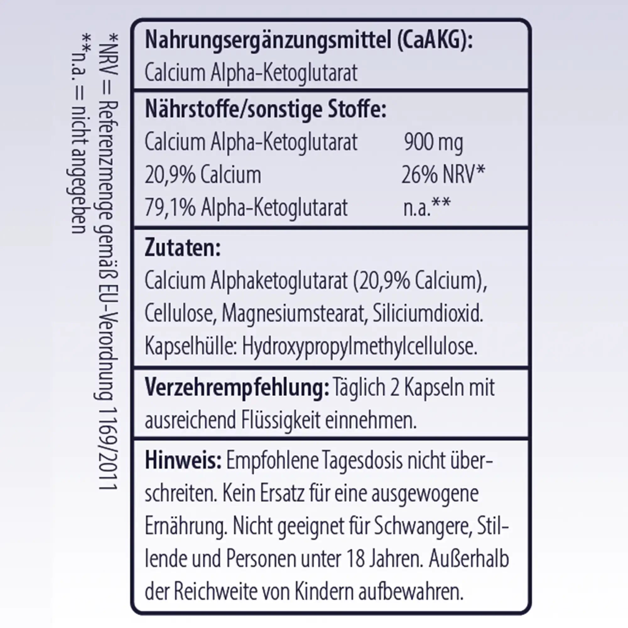Inhaltsstoffe von CaAKG (Calcium-Alphaketoglutarat) 60 Kapseln von Minerva-Vita