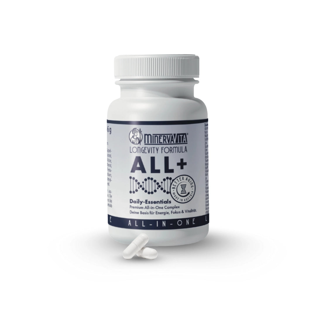 ALL+ All-in-One Komplex von Minerva-Vita – Premium Longevity Supplement für Energie, Fokus und Vitalität im Alltag.