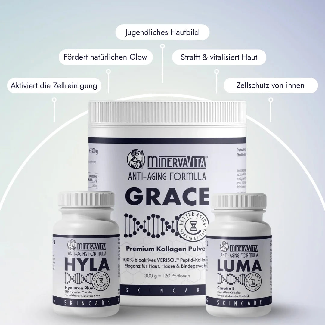 Skingevity-Trio von Minerva-Vita: Grace Kollagenpulver, Hyla Hyaluron und Luma Carotin E – Anti-Aging-Supplements für Haut, Elastizität, Feuchtigkeit und natürlichen Glow.