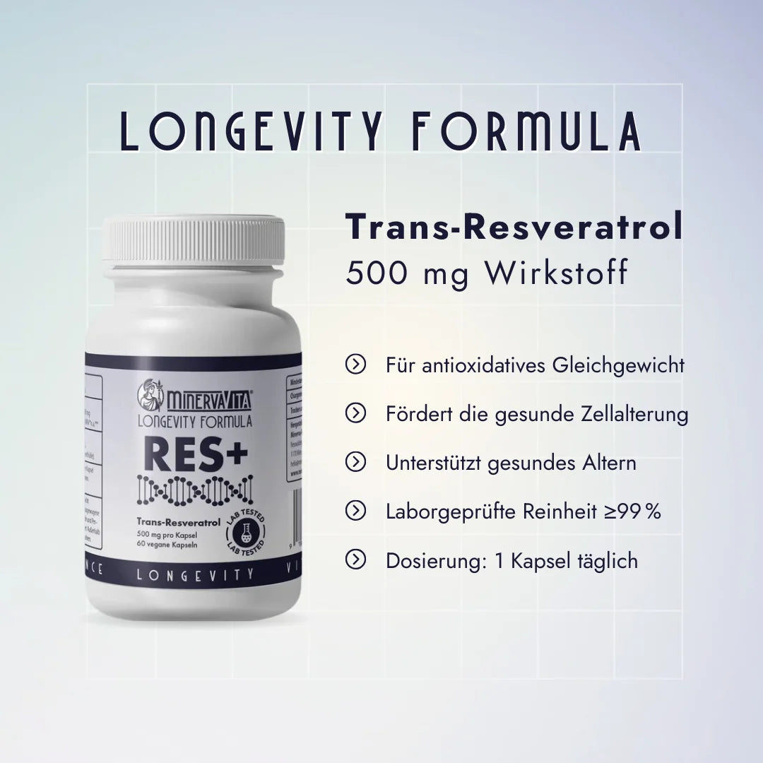 Trans-Resveratrol von Minerva-Vita hilft dir beim gesunden Altern, sorgt für dein antioxidatives Gleichgewicht.