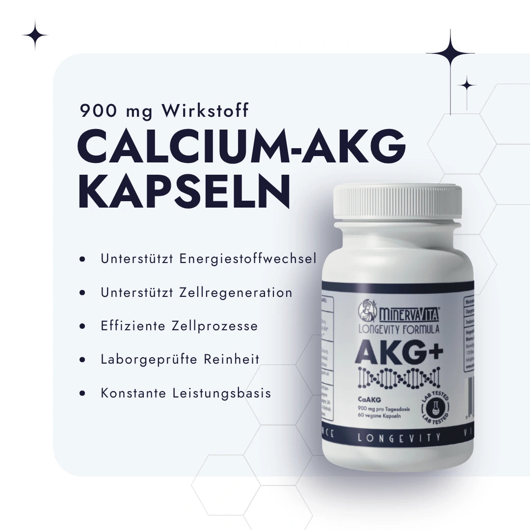 CaAKG vor weißem Hintergrund mit Bulletpoints zum Produkt