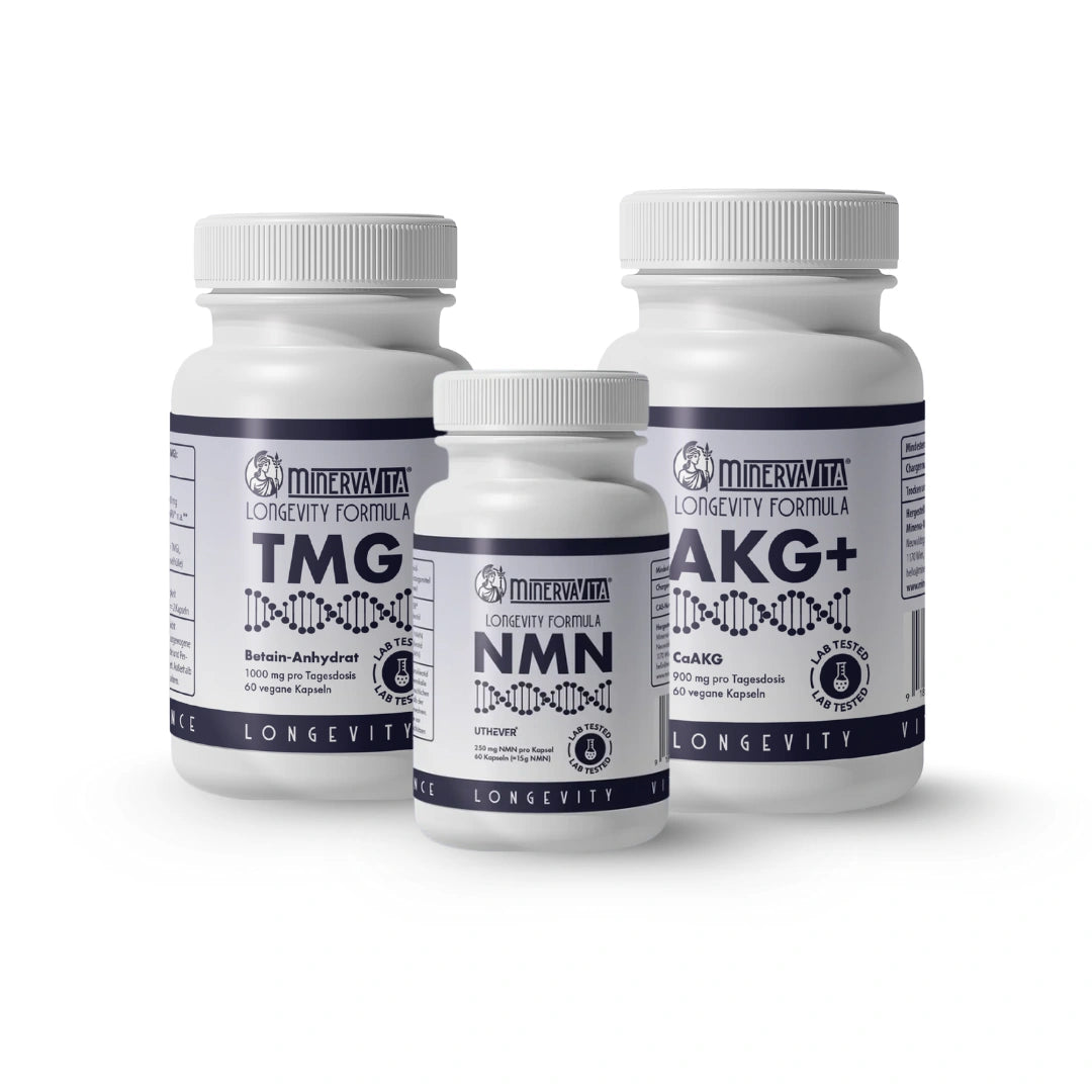 Minerva-Vita Longevity-Trio – Kombination aus NMN, Ca-AKG und TMG zur Unterstützung von Zellenergie und gesunder Alterung