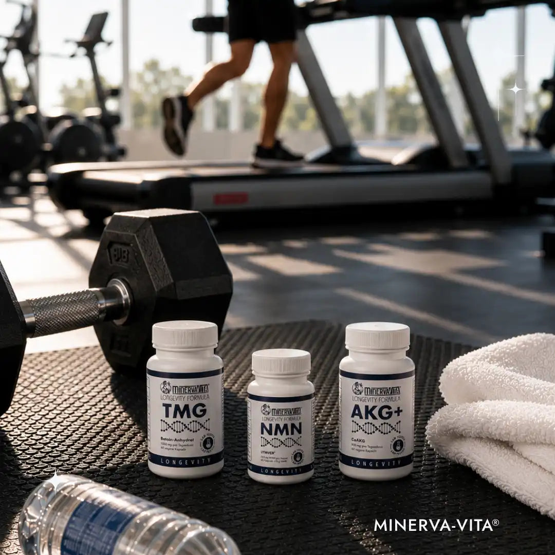 Minerva-Vita Longevity-Trio aus NMN, TMG und Ca-AKG im Fitnessstudio neben Hantel und Handtuch.