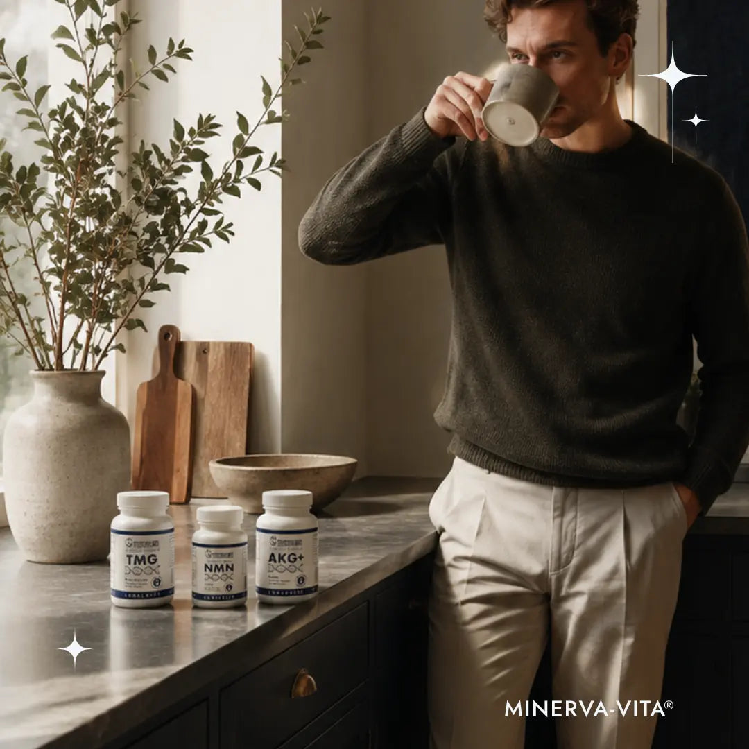 Mann trinkt Kaffee neben dem Minerva-Vita Longevity-Trio aus NMN, TMG und Ca-AKG in einer modernen Küche.