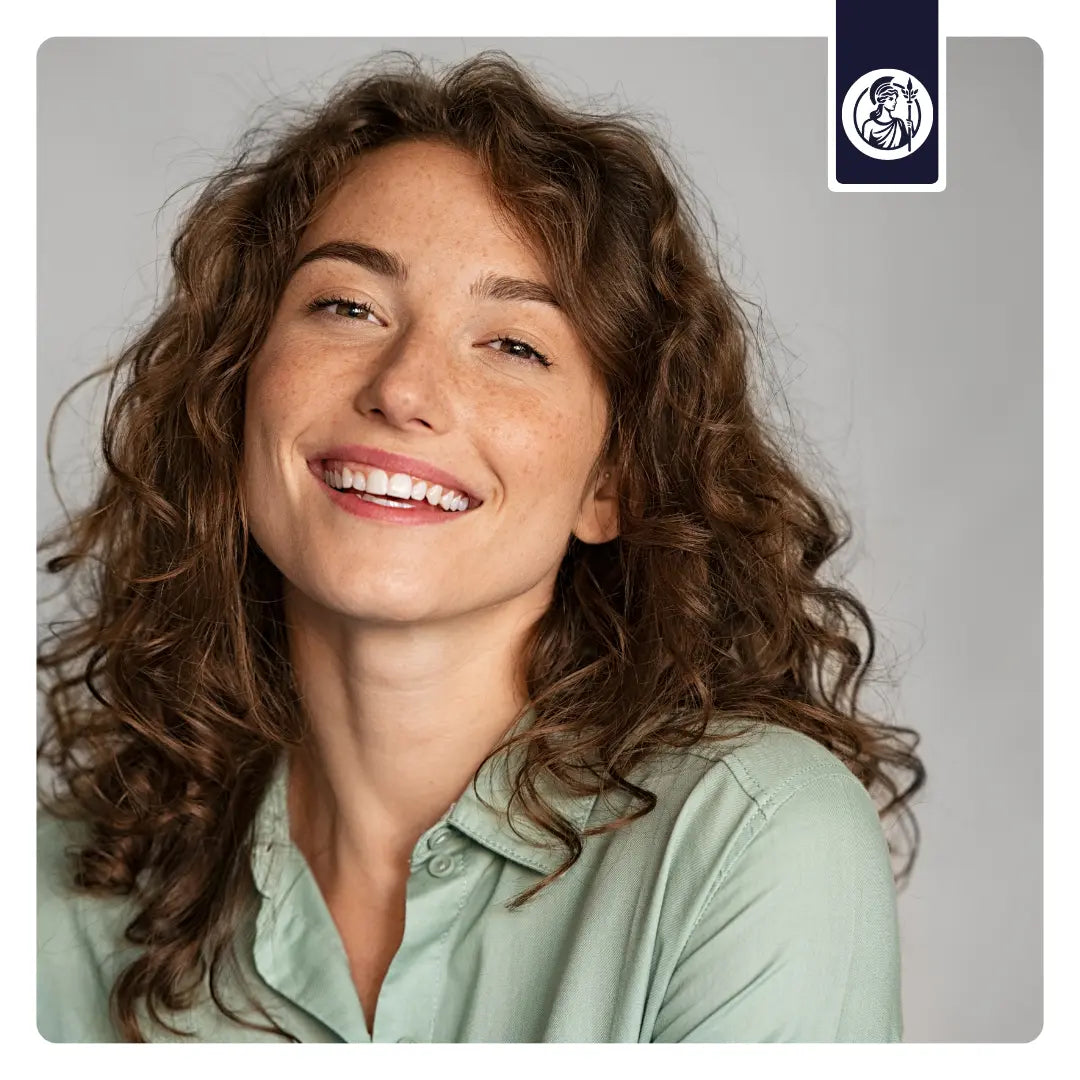 Minerva-Vita Longevity-Supplements in höchster Qualität. Rothaarige Frau mit Sommersprossen und einem Lächeln im Gesicht.