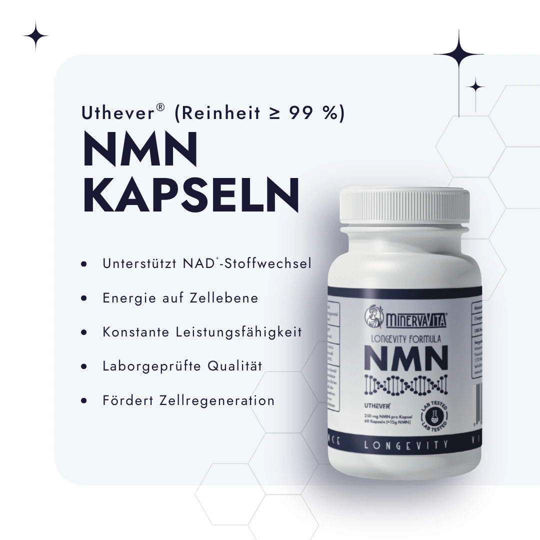 NMN-Kapseln von Minerva-Vita mit Bulletpoints über die Qualität des Produktets