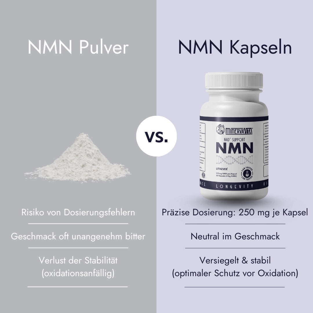 Vergleich Minerva-Vita NMN vs. andere Marken – ≥99 % Reinheit, laborgeprüft, vegan und nachhaltig verpackt