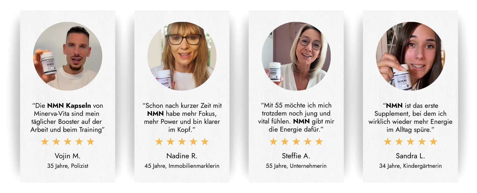 Kundenbewertungen zu NMN Kapseln von Minerva-Vita: Mehr Energie im Alltag, besserer Fokus, jugendliches Gefühl mit 5-Sterne-Bewertungen von Männern und Frauen zwischen 34 und 55 Jahren.