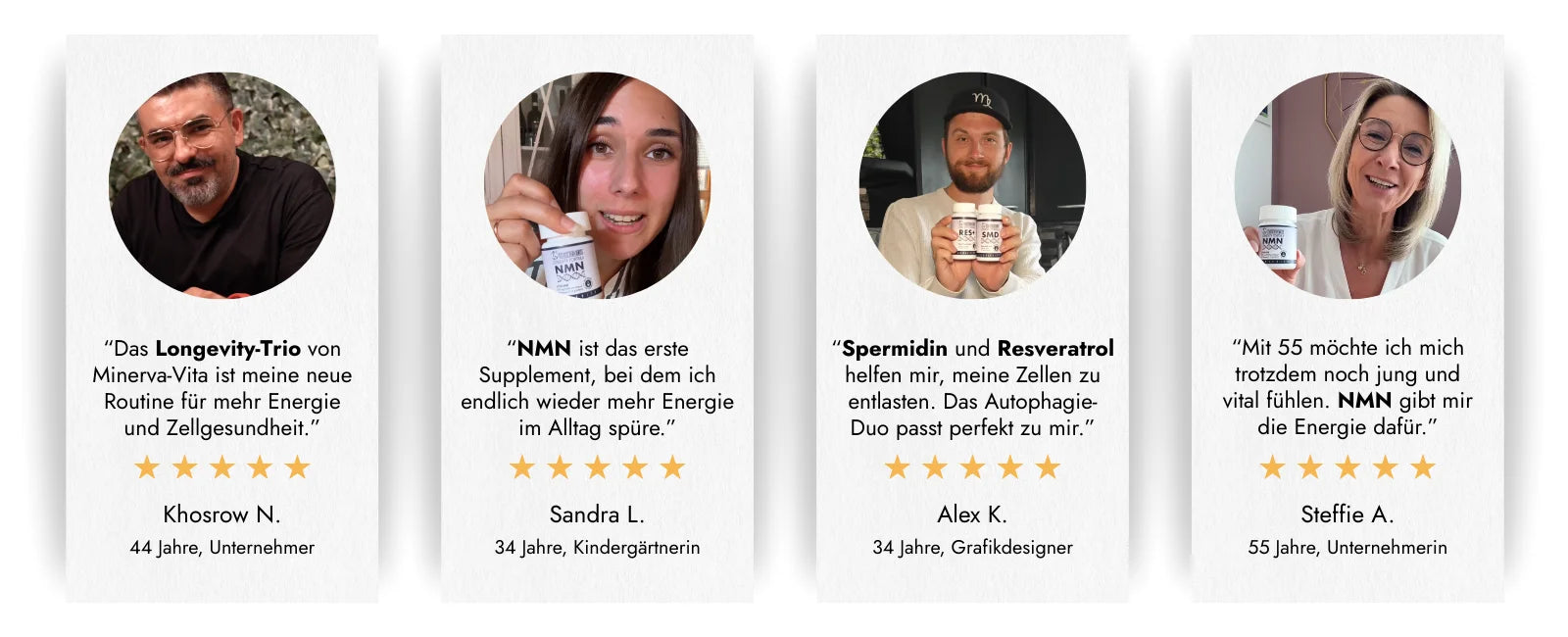 Kundenbewertungen zu den Longevity-Produkten von Minerva-Vita: Mehr Energie im Alltag, besserer Fokus, jugendliches Gefühl mit 5-Sterne-Bewertungen von Männern und Frauen zwischen 34 und 55 Jahren.