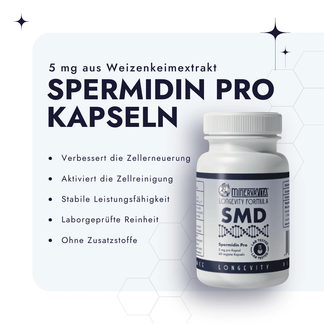 Spermidin Kapseln auf weißem Hintergrund mit Bulletpoints