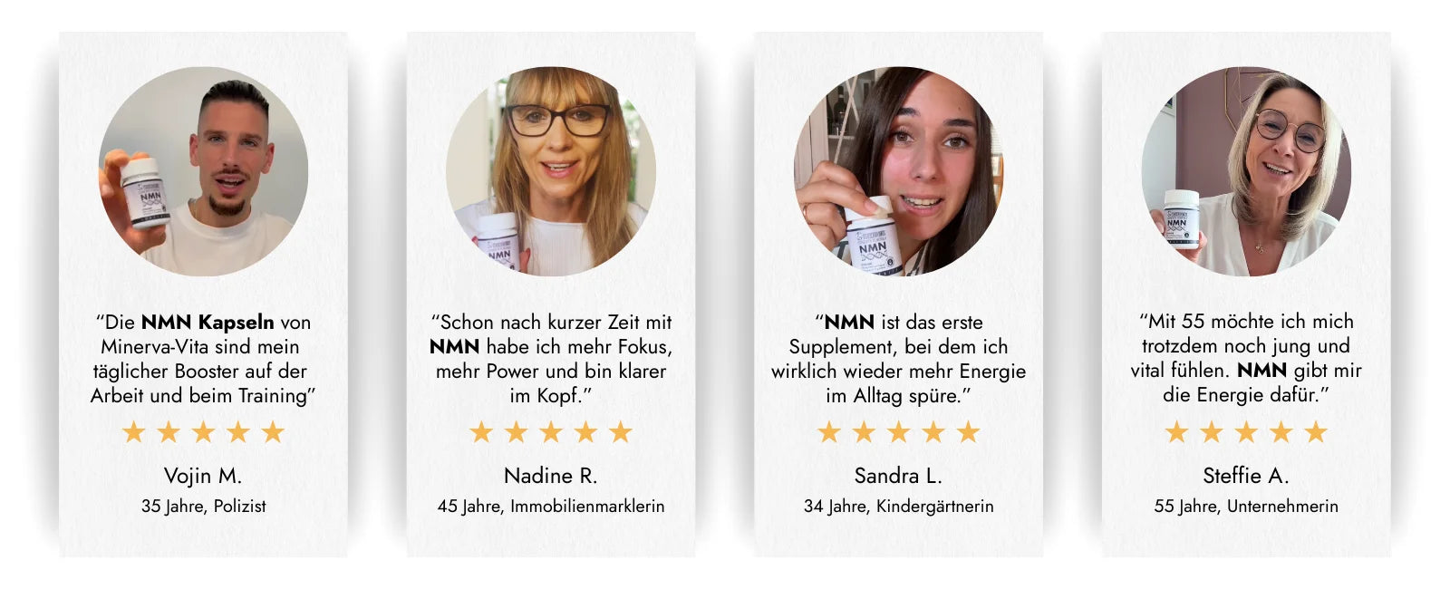 Kundenbewertungen zu NMN Kapseln von Minerva-Vita: Mehr Energie im Alltag, besserer Fokus, jugendliches Gefühl mit 5-Sterne-Bewertungen von Männern und Frauen zwischen 34 und 55 Jahren.