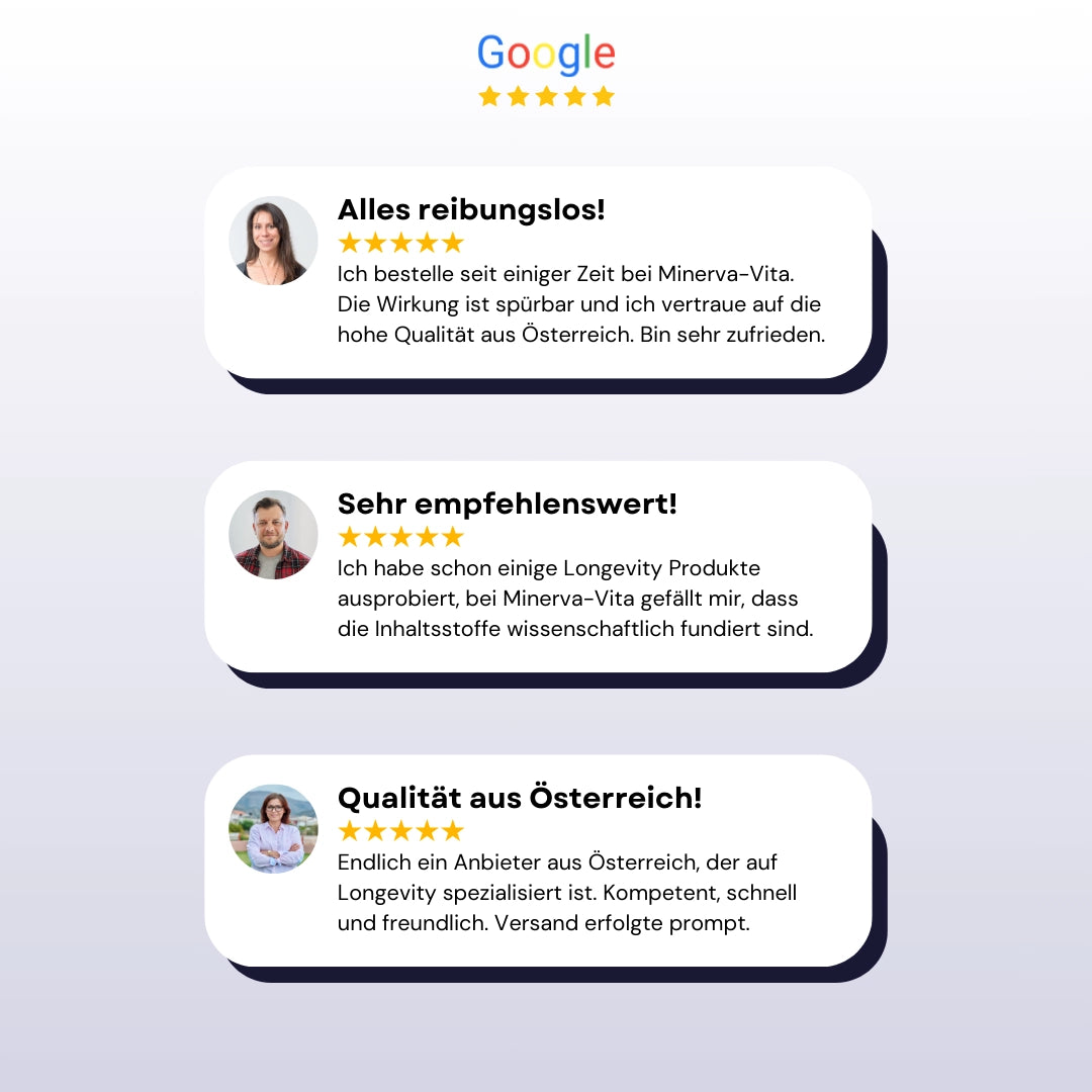 Google-Kundenbewertungen über Minerva-Vita. Longevity-Supplements