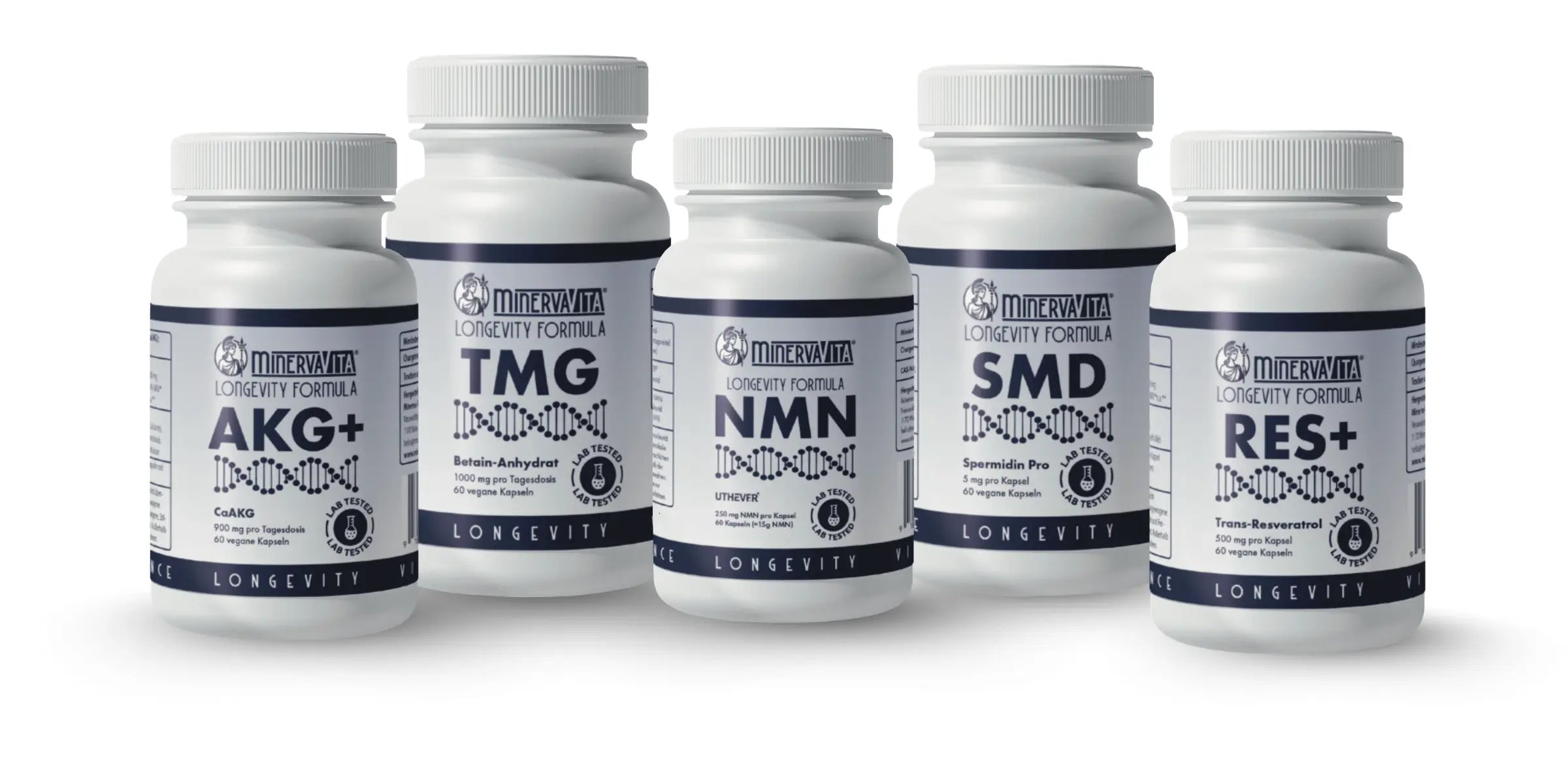 Das Longevity-Supplements von Minerva-Vita vor einem hellen Hintergrund. NMN, TMG, CaAKG, Spermidin, Resveratrol
