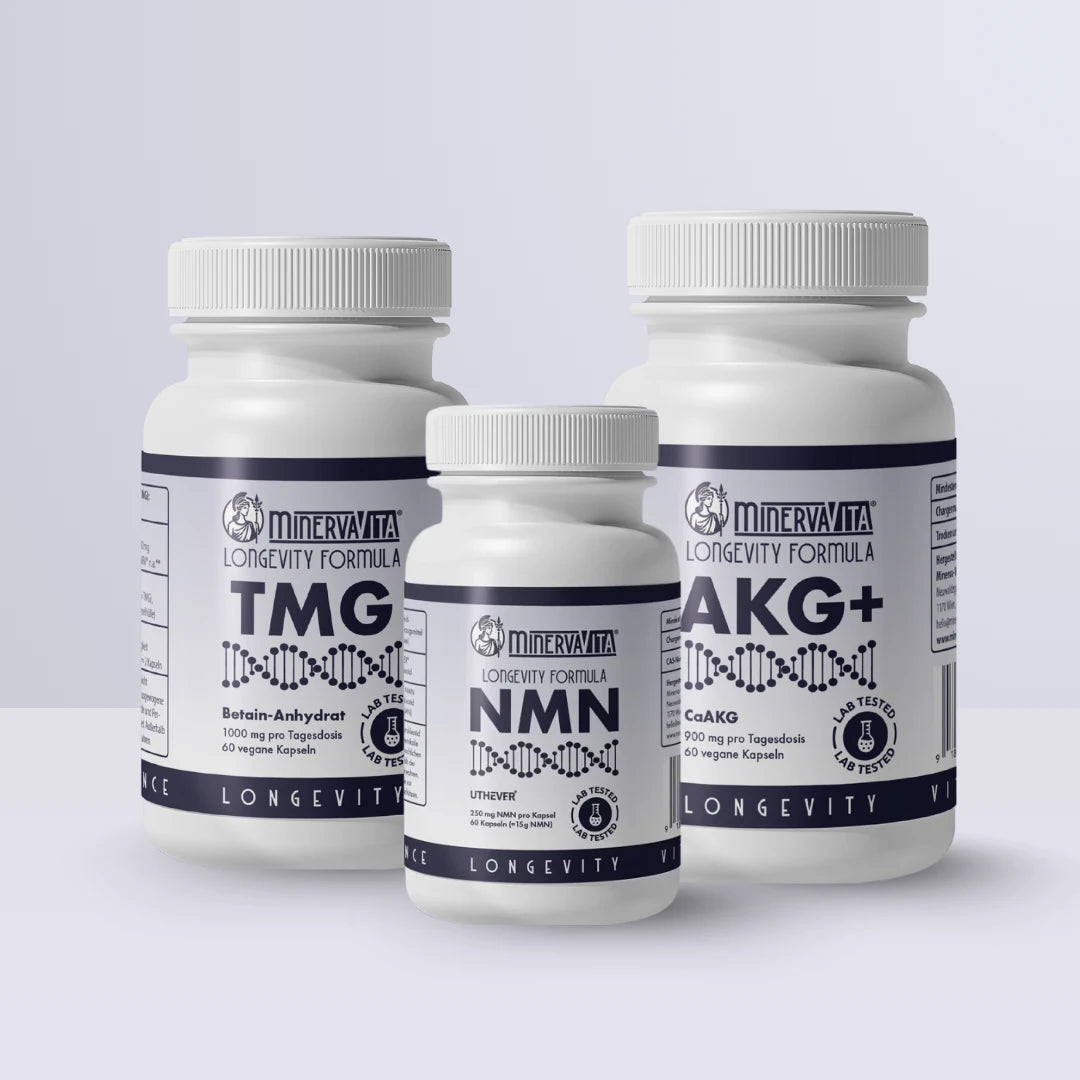 Minerva-Vita Longevity-Trio – Kombination aus NMN, Ca-AKG und TMG zur Unterstützung von Zellenergie und gesunder Alterung