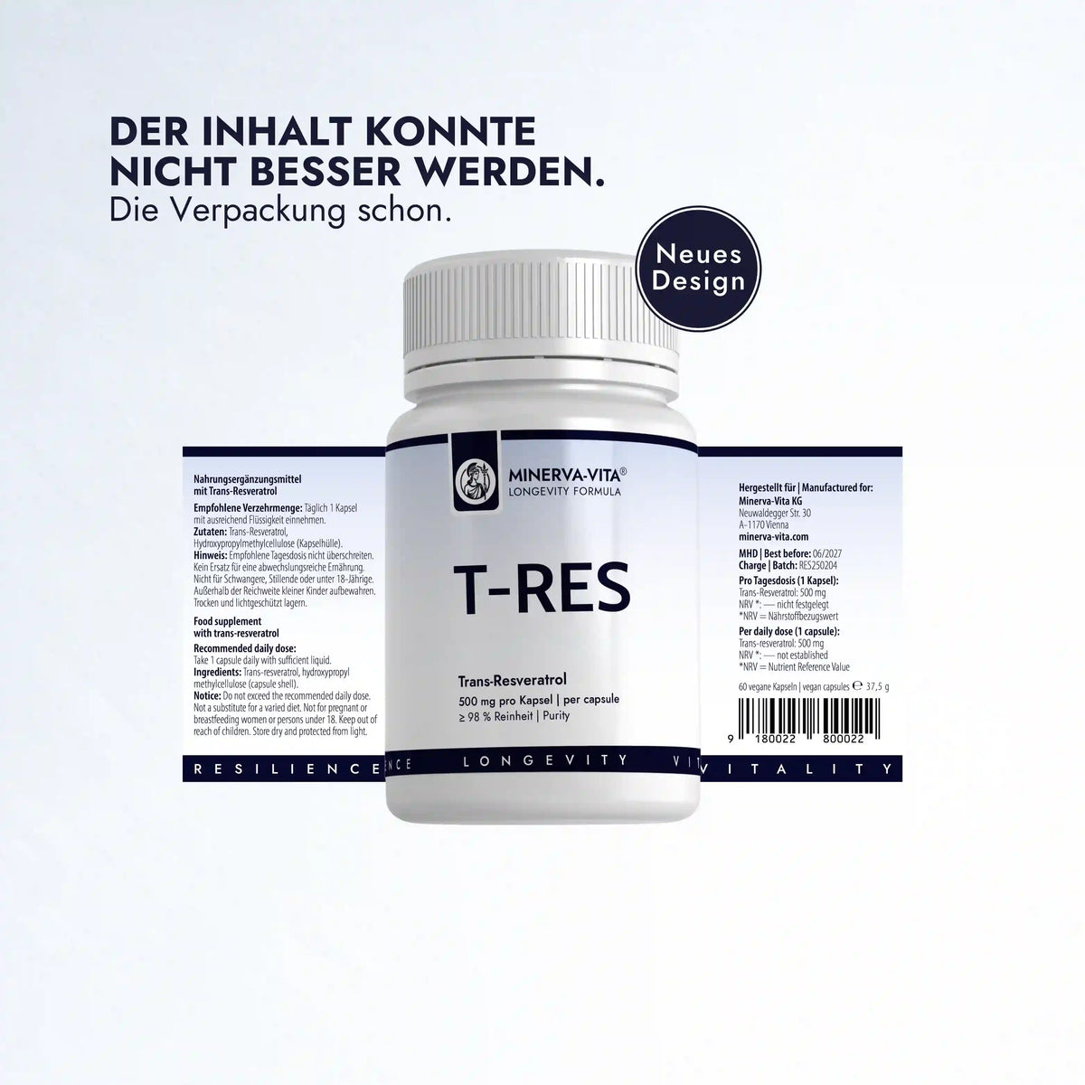 Minerva-Vita T-RES Trans-Resveratrol mit 500 mg pro Kapsel und mindestens 98 % Reinheit – neues Verpackungsdesign mit Zutaten und Produktangaben.