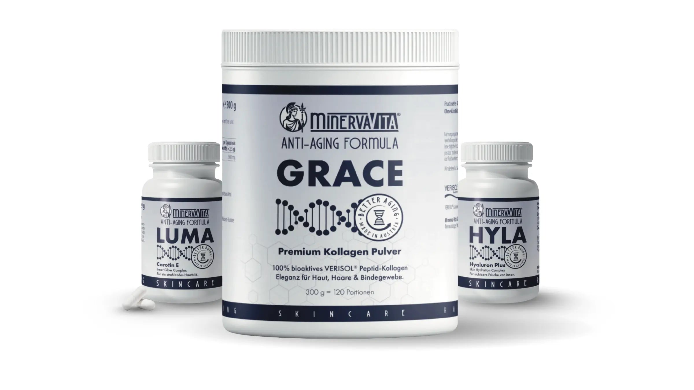 Skingevity-Trio von Minerva-Vita vor weißem Hintergrund.