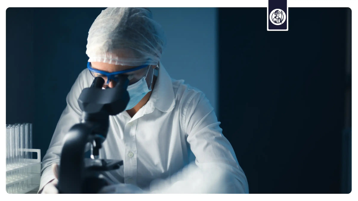 Wissenschaftler untersucht eine Probe am Mikroskop als Symbol für NMN-Forschung, NAD⁺ und wissenschaftliche Longevity-Studien.