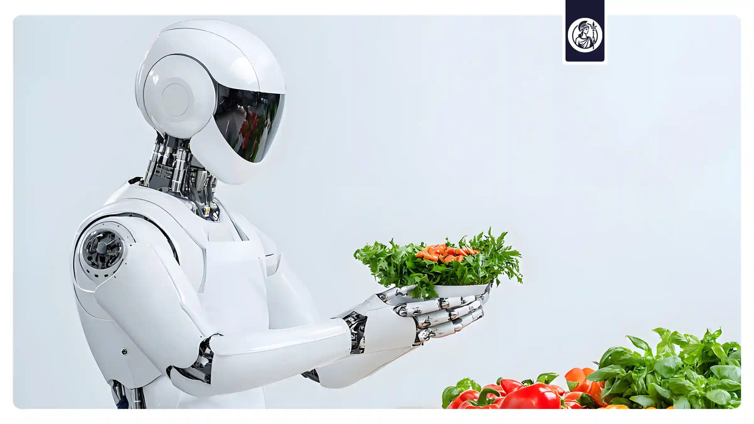 Humanoider Roboter hält eine Schale mit frischem Gemüse als Symbol für moderne Longevity-Ernährung und wissenschaftlich fundierte Zellgesundheit.