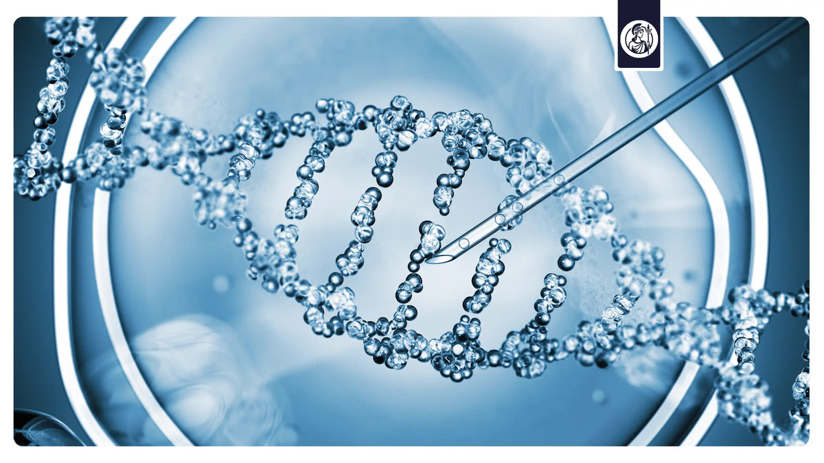 Darstellung einer DNA-Doppelhelix mit Laborinstrument als Symbol für Zellbiologie, Mitochondrienforschung und zelluläre Energieprozesse.