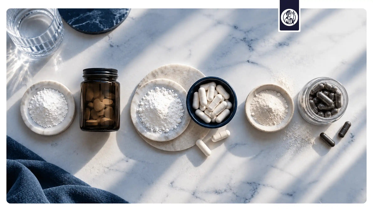 Hochwertiges Flatlay verschiedener Nahrungsergänzungsmittel auf hellem Marmor – mit Kapseln, Pulvern und Tabletten, inszeniert in einer ruhigen, modernen Minerva-Vita-Ästhetik.