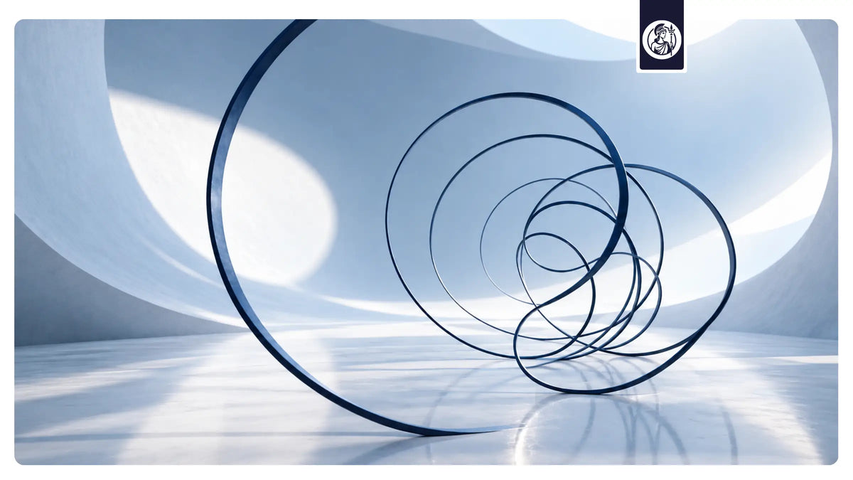     Abstrakte dunkelblaue Spiralen in einer hellen, futuristischen Umgebung als Symbol für biologische Prozesse, Forschung und Alterung.
