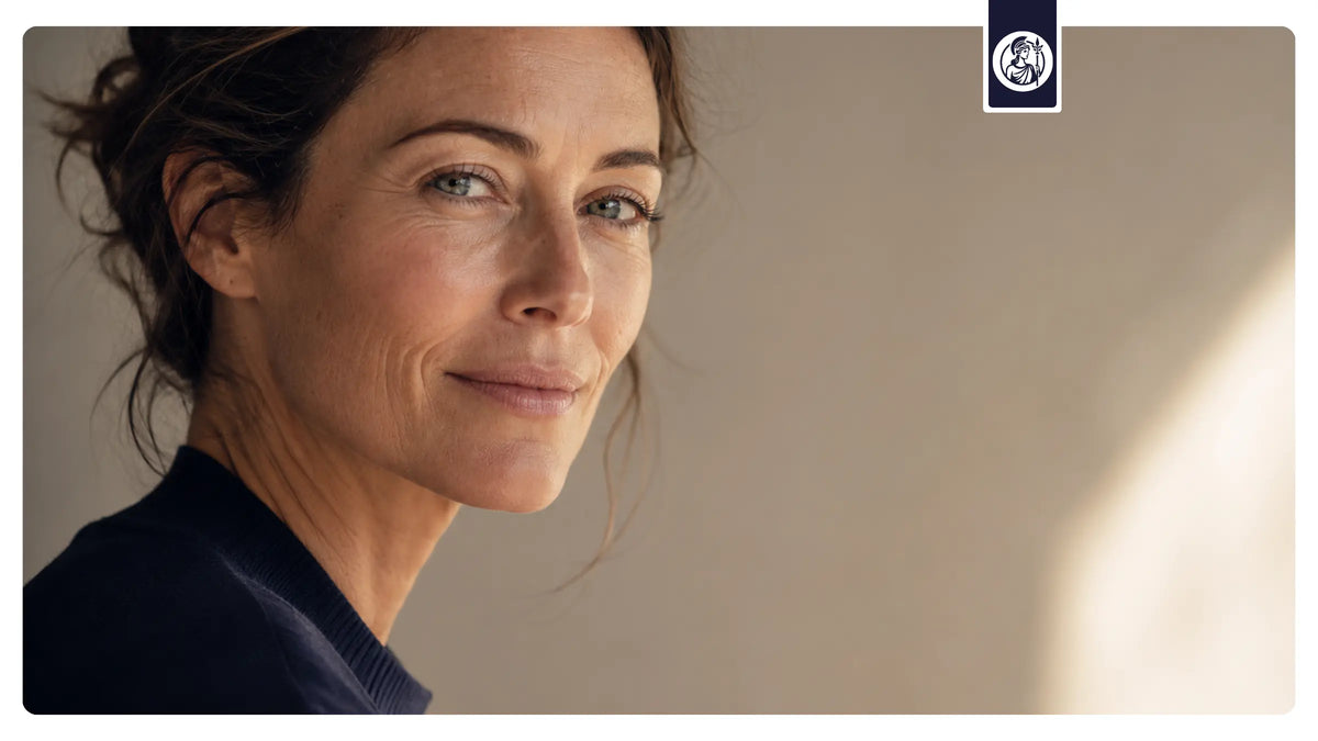 Porträt einer Frau mittleren Alters als Symbol für gesundes Altern, Zellgesundheit und die wissenschaftliche Einordnung von Longevity Supplements.