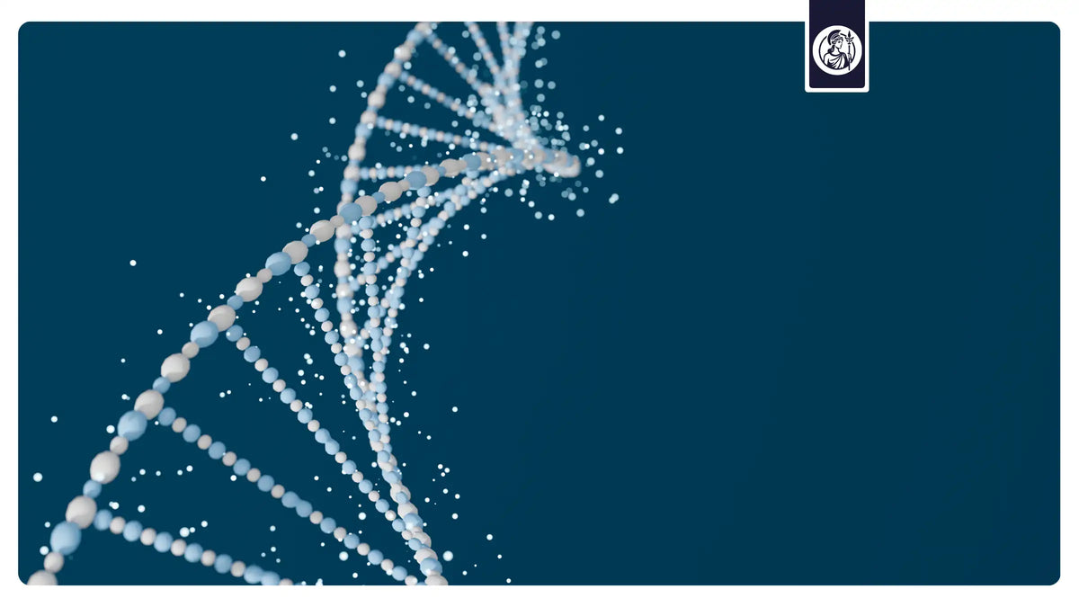 Abstrakte DNA-Doppelhelix als Symbol für NMN, Zellgesundheit und wissenschaftliche Qualitätskriterien beim Kauf.