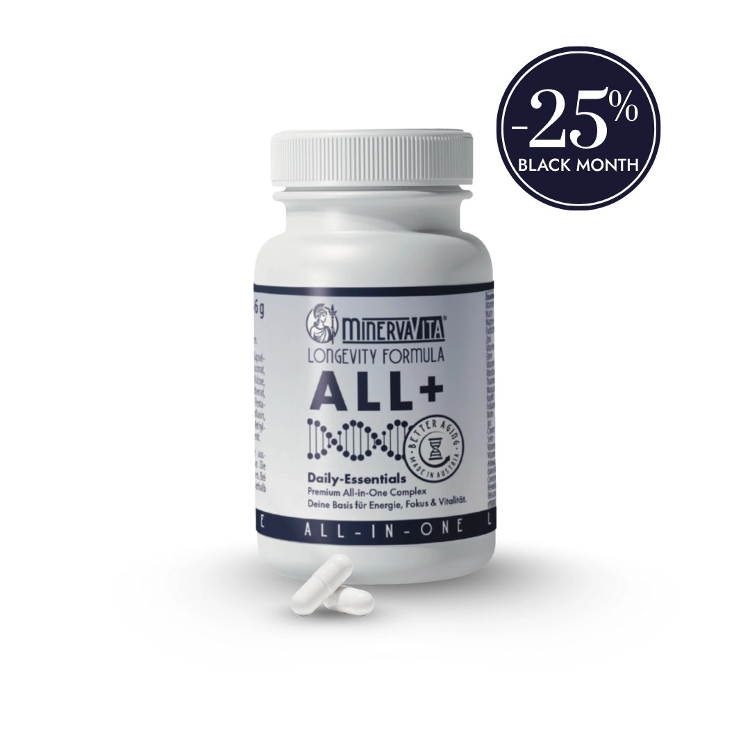 ALL+ All-in-One Komplex von Minerva-Vita – Premium Longevity Supplement für Energie, Fokus und Vitalität im Alltag. Im Black Month mit 25 % Rabatt.