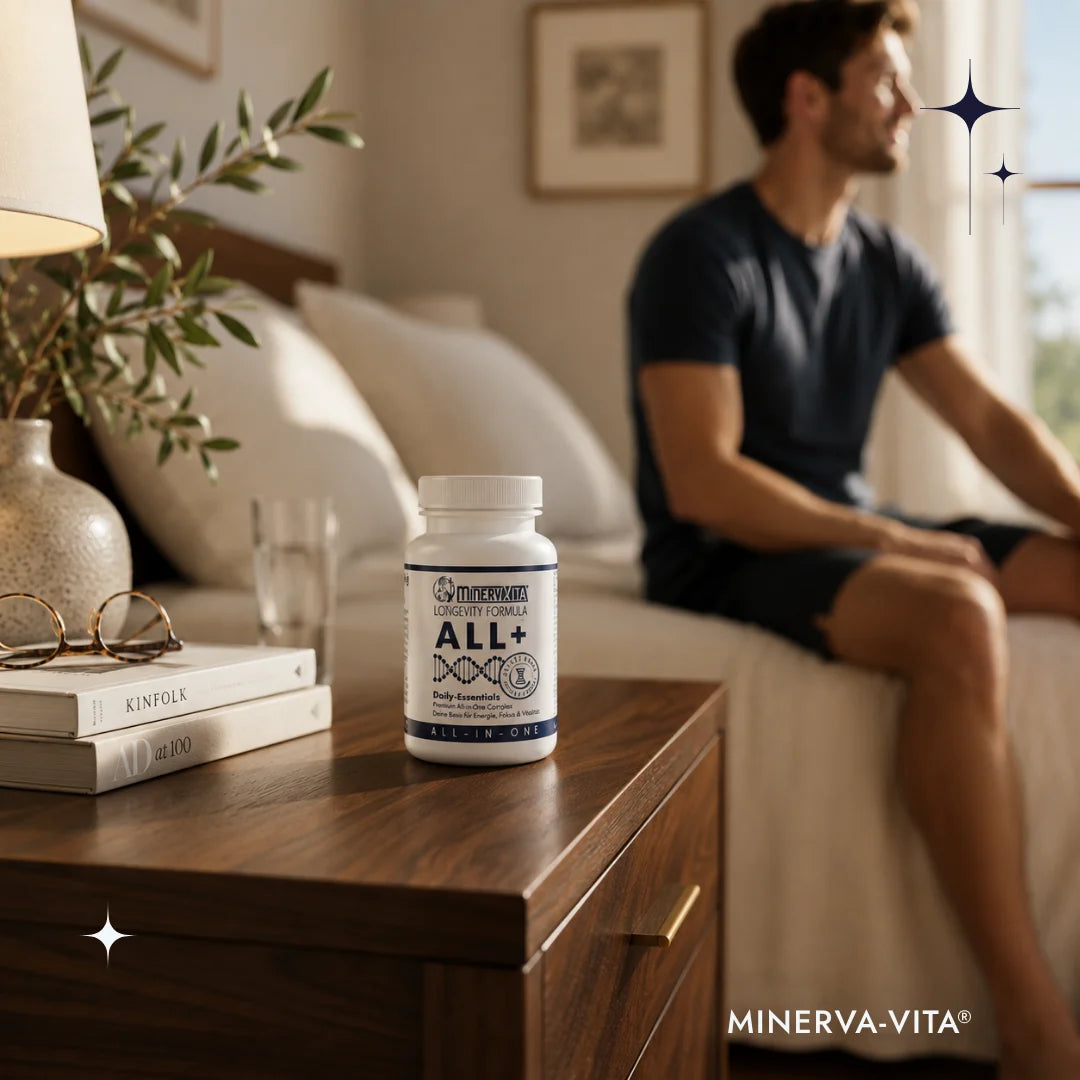 Minerva-Vita ALL+ All-in-One-Komplex auf einem Nachttisch, während ein Mann im Hintergrund auf dem Bett sitzt.