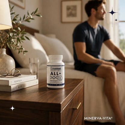 Minerva-Vita ALL+ All-in-One-Komplex auf einem Nachttisch, während ein Mann im Hintergrund auf dem Bett sitzt.