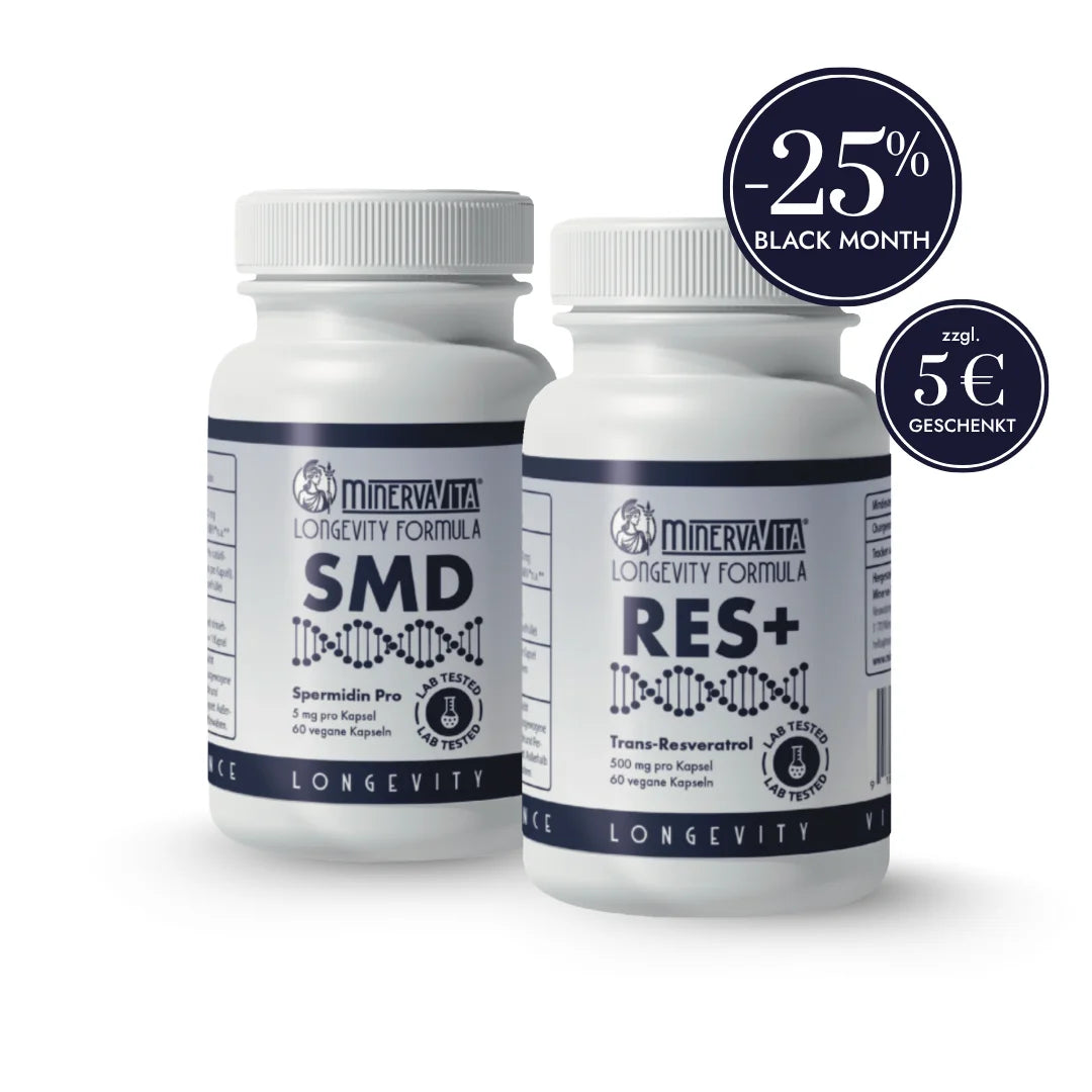 Minerva-Vita Autophagie-Duo mit Spermidin Pro und Trans-Resveratrol – im Black Month jetzt -25 % Rabatt plus 5 € Geschenk. Unterstützt Zellschutz, Autophagie und gesunde Alterung.