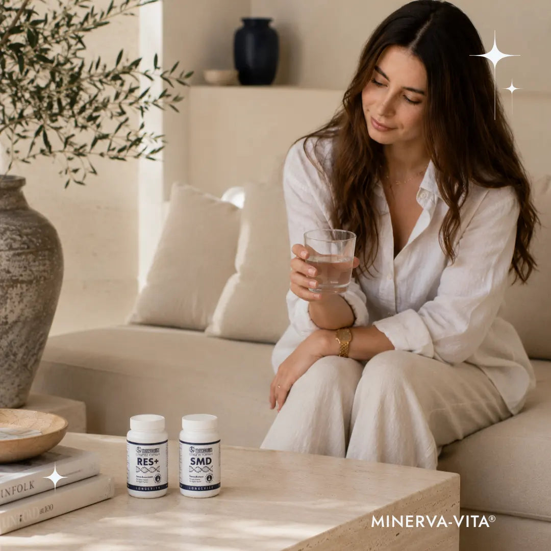 Frau sitzt mit einem Glas Wasser neben dem Minerva-Vita Autophagie-Duo aus SMD Spermidin Pro und RES+ Trans-Resveratrol.
