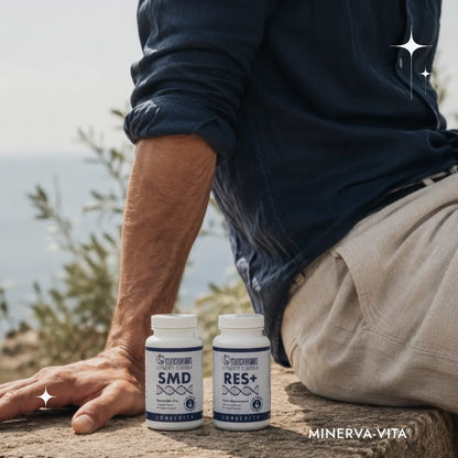Mann sitzt im Freien neben dem Minerva-Vita Autophagie-Duo mit SMD Spermidin Pro und RES+ Trans-Resveratrol.