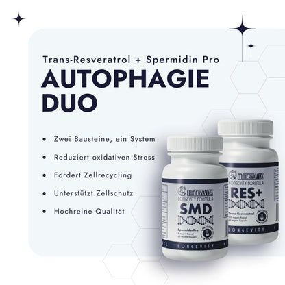 Das Autophagie-Duo vor weißem Hintergrund mit Bulletpoints
