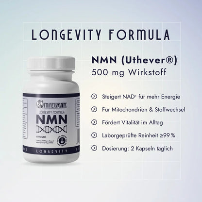 Minerva-Vita NMN Kapseln mit Uthever® – 500 mg Wirkstoff pro Tagesdosis. Laborgeprüfte Reinheit ≥99 %, steigert NAD⁺ für mehr Energie, unterstützt Mitochondrien, Stoffwechsel und Vitalität.