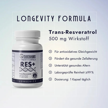 Trans-Resveratrol von Minerva-Vita hilft dir beim gesunden Altern, sorgt für dein antioxidatives Gleichgewicht.