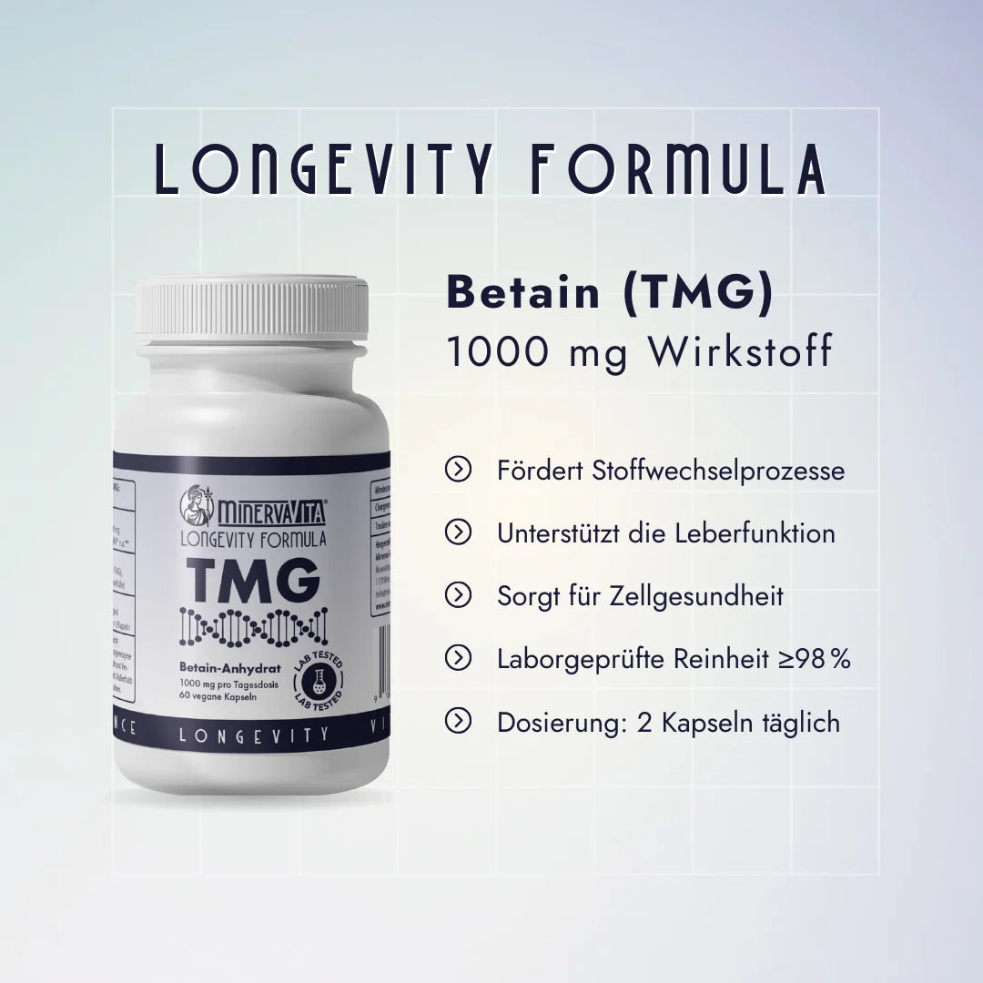 TMG Betain von Minerva-Vita – fördert Homocystein-Stoffwechsel und unterstützt Energieproduktion auf Zellebene