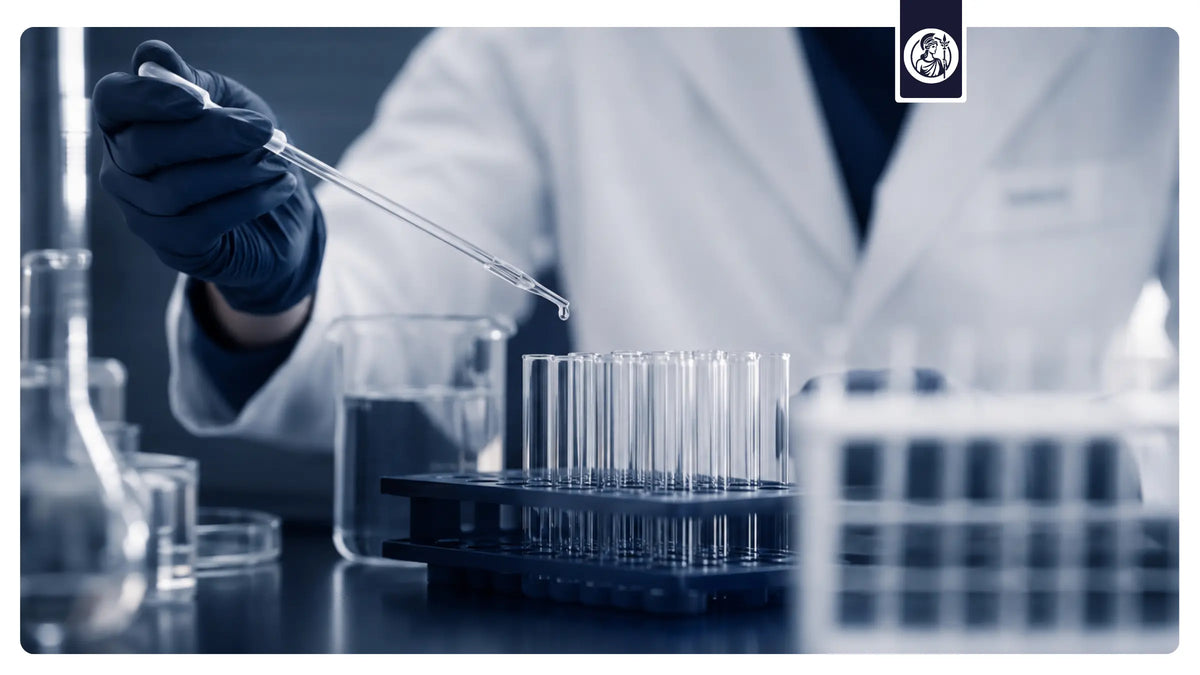 Laboranalyse mit Pipette und Reagenzgläsern als Symbol für wissenschaftlich fundierte Wirkstoffe und klare Dosierung bei Minerva-Vita
