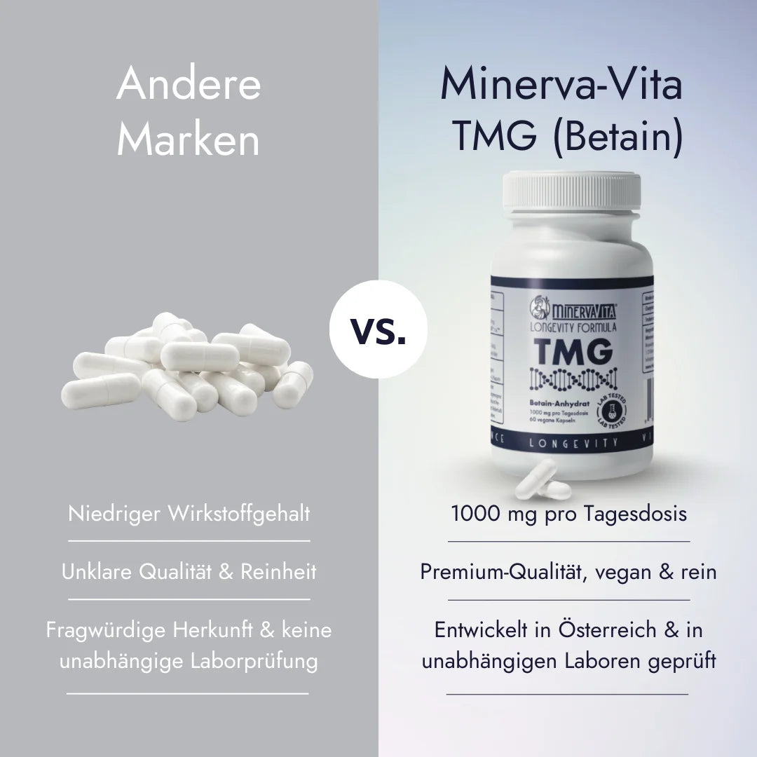 Vergleich Minerva-Vita TMG vs. andere Hersteller – stabile Bioverfügbarkeit, laborgeprüft, vegan