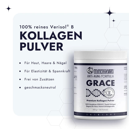 Grace von Minerva-Vita ist das beste Kollagenpeptid für Haut, Haare und Nägel. Bild mit Bulletpoints