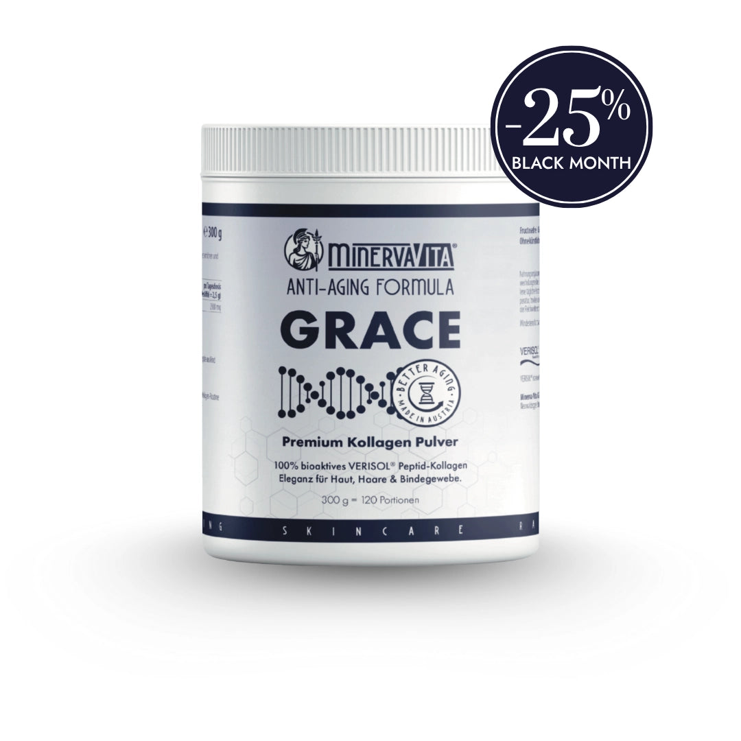 GRACE Premium Kollagen Pulver von Minerva-Vita – Anti-Aging Peptid-Kollagen mit VERISOL® für Haut, Haare und Bindegewebe. Im Black Month mit 25 % Rabatt.