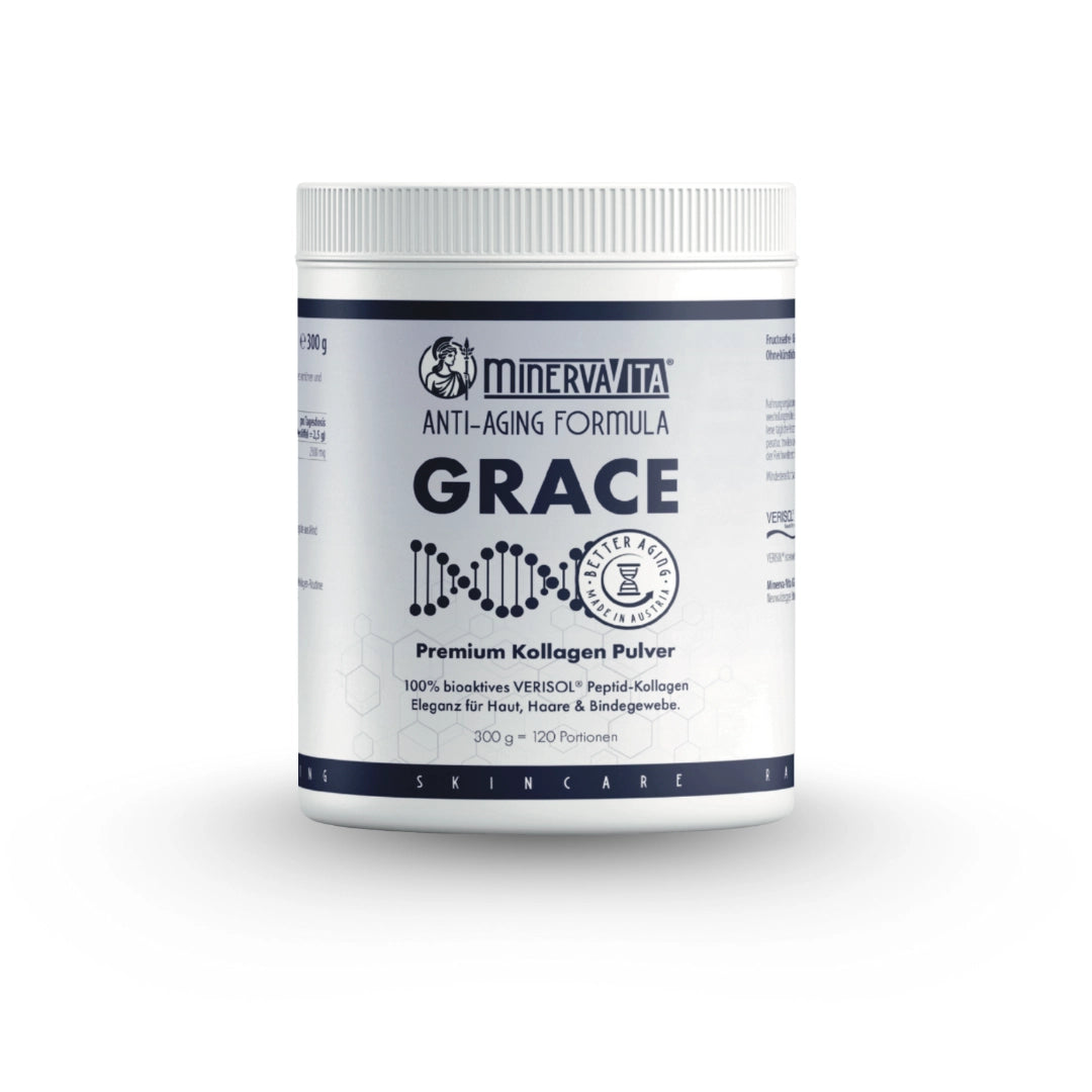 GRACE Premium Kollagen Pulver von Minerva-Vita – Anti-Aging Peptid-Kollagen mit VERISOL® für Haut, Haare und Bindegewebe.
