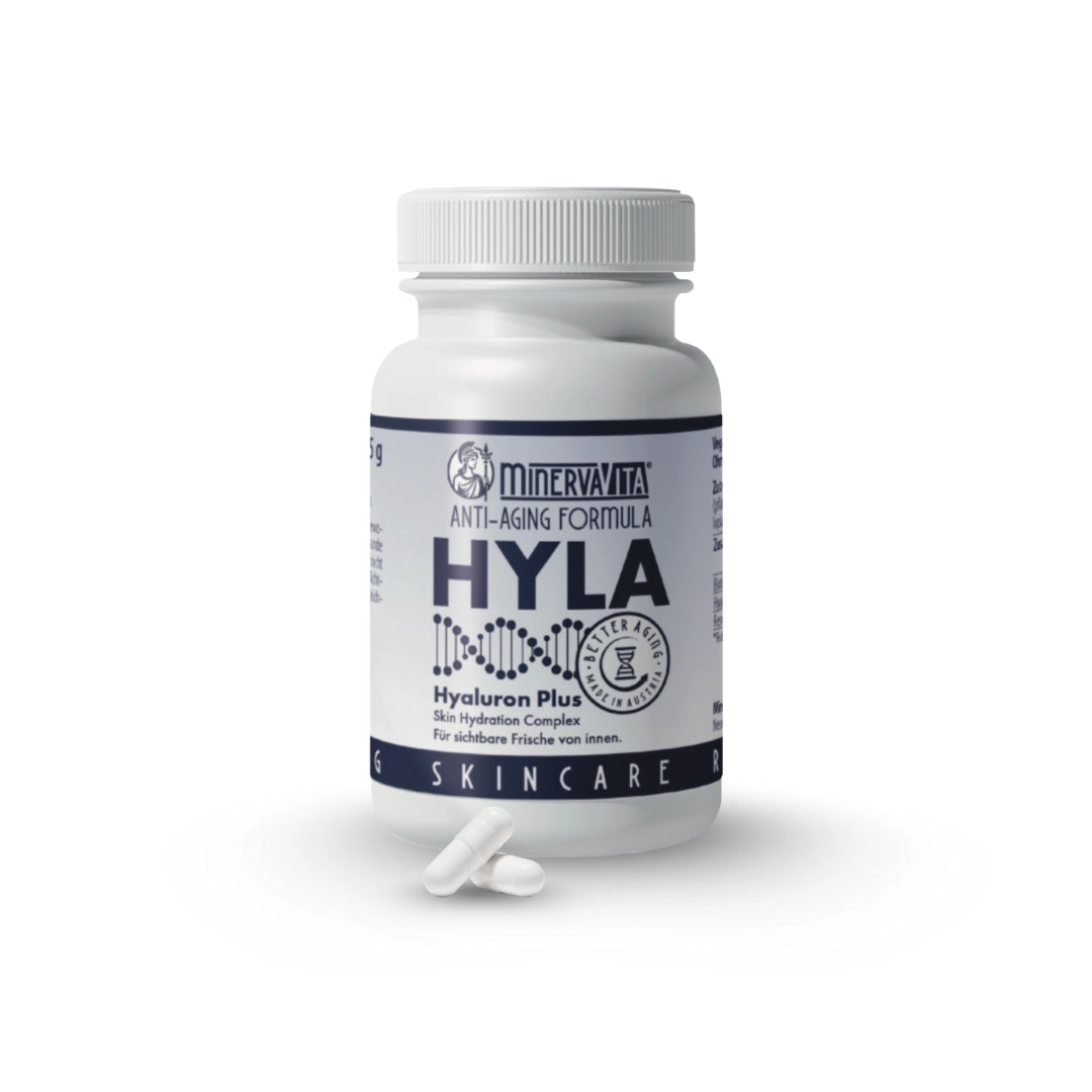 Hyla Hyaluron Komplex von Minerva-Vita – Anti-Aging Supplement für pralle Haut, intensive Feuchtigkeit und sichtbare Frische von innen.