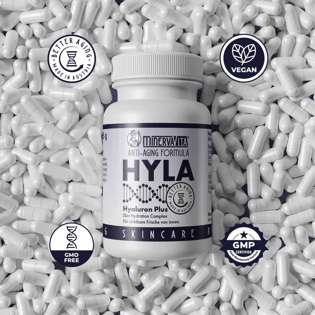 Detailansicht der Hyaluron-Plus Kapseln von Minvera-Vita