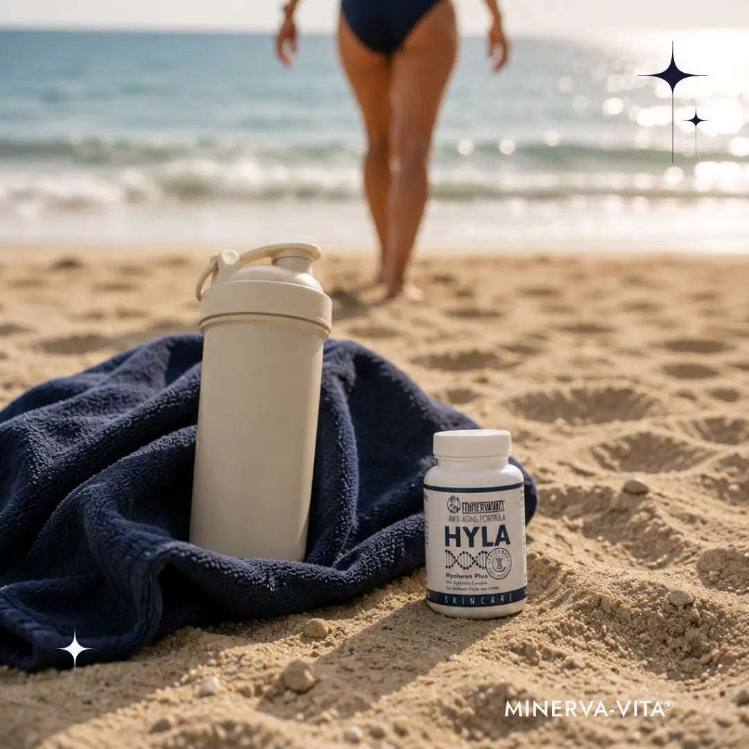 Minerva-Vita HYLA Hyaluron Plus Kapseln neben Shaker und Handtuch am Strand, Frau im Hintergrund am Meer.