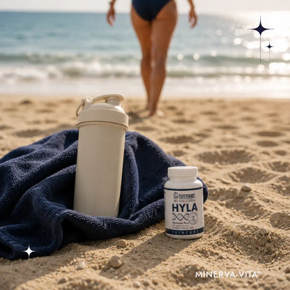 Minerva-Vita HYLA Hyaluron Plus Kapseln neben Shaker und Handtuch am Strand, Frau im Hintergrund am Meer.
