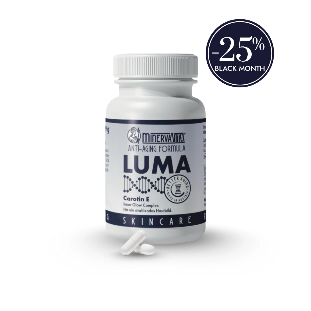 LUMA Carotin E Komplex von Minerva-Vita – Anti-Aging Supplement für strahlende Haut, antioxidativen Zellschutz und natürlichen Glow. Im Black Month mit 25 % Rabatt.