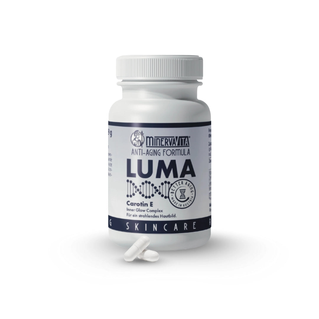 LUMA Carotin E Komplex von Minerva-Vita – Anti-Aging Supplement für strahlende Haut, antioxidativen Zellschutz und natürlichen Glow.