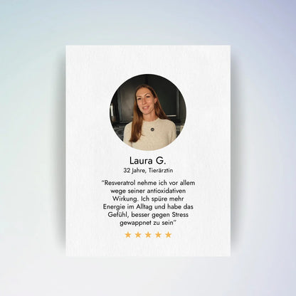 Kundenerfahrung mit Minerva-Vita Resveratrol RES+ – Anwenderin berichtet über mehr Energie, antioxidative Wirkung und Stressresistenz.