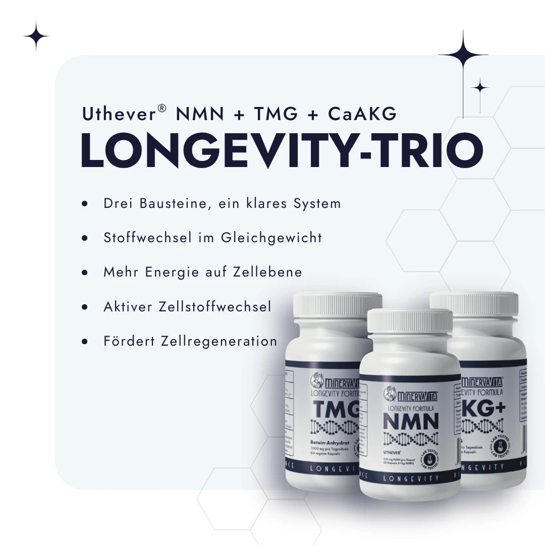 Longevity-Trio vor weißem Hintergrund mit Bulletpoints